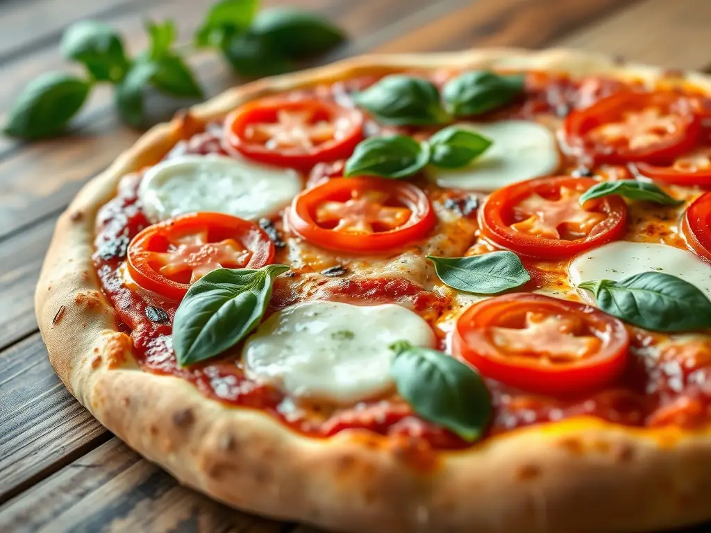 A vibrant, overhead shot of a Margherita pizza, showcasing its fresh basil, ripe tomatoes, and melted mozzarella on a perfectly crisp crust, set against a rustic wooden background in a warm, inviting light.